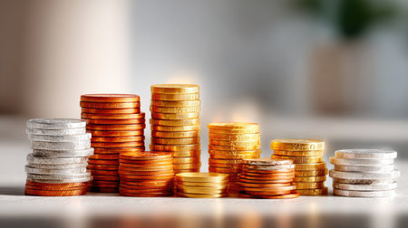 A creative composition of coins arranged as a rising bar graph on a light background, representing increasing savings over timeの素材