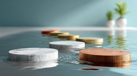 A visual metaphor showing a bridge made of coins crossing over troubled water, representing financial securityの素材