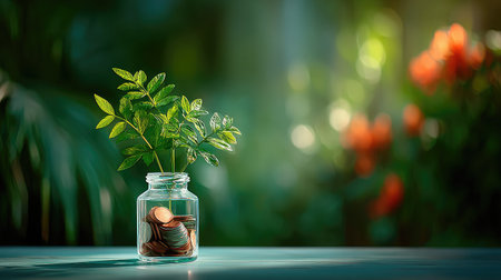 A young plant sprouting from a jar of coins, bright bokeh background symbolizing financial growthの素材