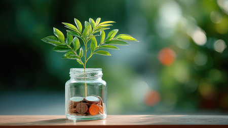 A young plant sprouting from a jar of coins, bright bokeh background symbolizing financial growthの素材