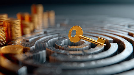 An artistic arrangement of coins forming a circular maze with a golden key at the center, symbolizing financial solutionsの素材