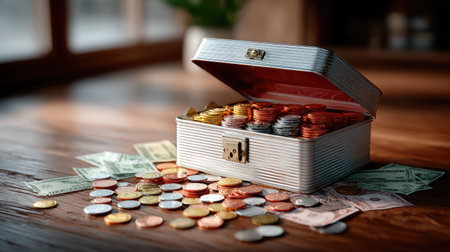 Vintage-style savings tin surrounded by scattered coins and folded banknotes on a wooden floorの素材