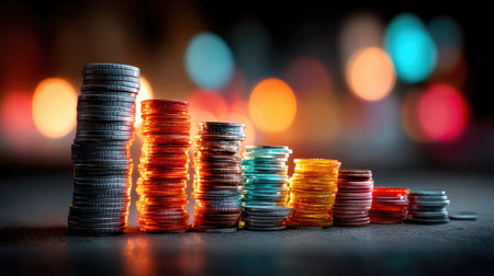 Neatly stacked coins of various heights arranged in ascending order with warm bokeh lights in the backgroundの素材
