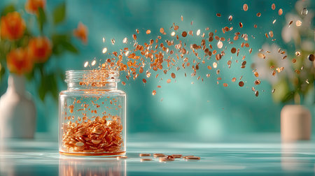 Macro shot of coins being dropped into a glass jar, captured in mid-air with motion blurの素材