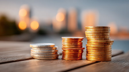 Stacks of silver and gold coins with blurred city skyline in the background at golden hourの素材