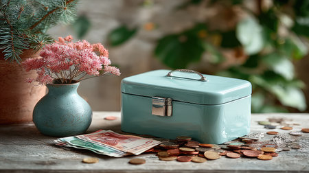 Vintage-style savings tin surrounded by scattered coins and folded banknotes on a wooden floorの素材