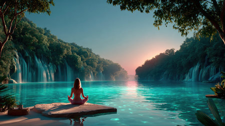Waterfall Zen - A yogi meditating on a flat rock near a cascading waterfall, rainbow mist rising from the crashing waterの素材