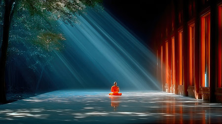 Buddhist Monk - A saffron-robed monk in deep meditation at a temple, incense smoke curling through shafts of sunlightの素材