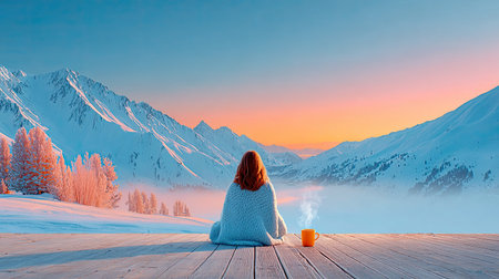 Mountain Retreat - A person wrapped in a blanket meditating on a wooden deck overlooking misty mountain peaks, steaming cup of tea beside themの素材