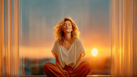 Morning Meditation - A woman sitting cross-legged by a sunlit window, eyes closed, hands resting on knees, soft glow of dawn filtering through sheer curtainsの素材