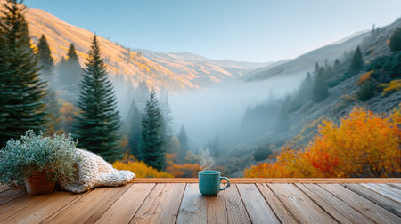 Mountain Retreat - A person wrapped in a blanket meditating on a wooden deck overlooking misty mountain peaks, steaming cup of tea beside themの素材
