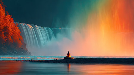 Waterfall Zen - A yogi meditating on a flat rock near a cascading waterfall, rainbow mist rising from the crashing waterの素材