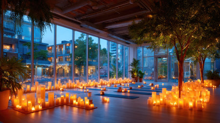 Yoga Studio Serenity - A diverse group of people meditating on yoga mats in a softly lit studio, candles flickering in the backgroundの素材