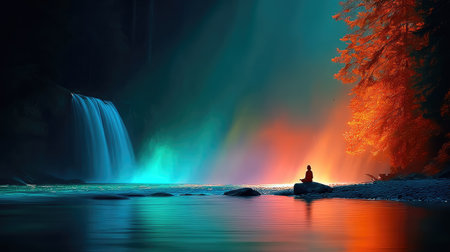Waterfall Zen - A yogi meditating on a flat rock near a cascading waterfall, rainbow mist rising from the crashing waterの素材