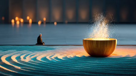 Zen Garden Meditation - An elderly man sitting in contemplation beside a raked sand garden, bamboo water fountain trickling softlyの素材