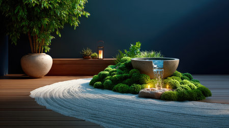 Zen Garden Meditation - An elderly man sitting in contemplation beside a raked sand garden, bamboo water fountain trickling softlyの素材