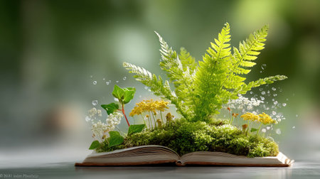 Botanical Magic - Glowing ferns and ivy leaves spiral from an open botanical manuscript, hovering above dew-covered grass in a sunlit clearingの素材