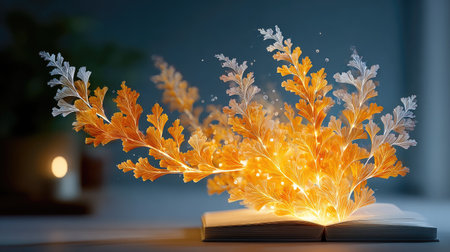 Scholar Storm - In a candlelit study, a physics textbook generates a miniature tornado of glowing fractal leaves above its equationsの素材