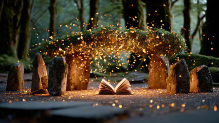 Mystic Canopy - A druid tome levitates in a stone circle, its pages generating a swirling canopy of luminous oak and hawthorn leavesの素材