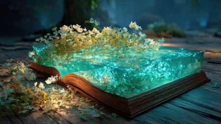 Winter Lore - Frost-edged pages of a bestiary release crystalline holly leaves and snowflakes that glow like lanterns in a pine forestの素材