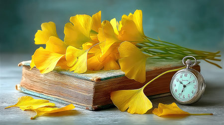 Time-Torn Pages - A crumbling history book emits amber-lit ginkgo leaves, each preserving a moment from the past as they circle a pocket watchの素材