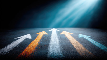 Chalkboard Options - Hand-drawn chalk arrows diverging upward on a textured blackboard, with powdery chalk dust floating around themの素材