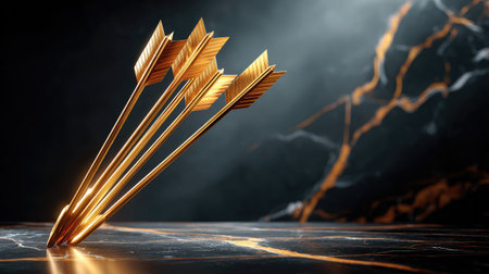 Golden Opportunity - Three polished gold arrows dramatically diverging upward against a dark marble background, light catching their metallic surfaces with glowing trailsの素材