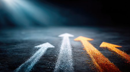 Chalkboard Options - Hand-drawn chalk arrows diverging upward on a textured blackboard, with powdery chalk dust floating around themの素材