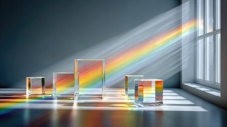 Crystal Divergence - Transparent glass arrows with refractive edges splitting upward, casting rainbow prisms across a white minimalist backgroundの素材