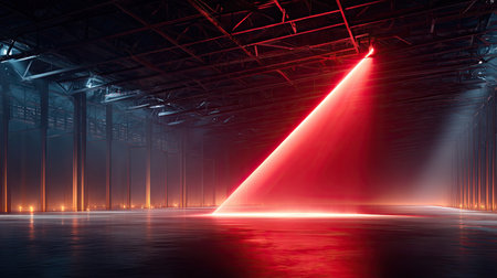 Laser Guidance - Thin crimson laser beam arrows diverging upward in a high-tech control room, glowing intensely against dark metallic surfacesの素材