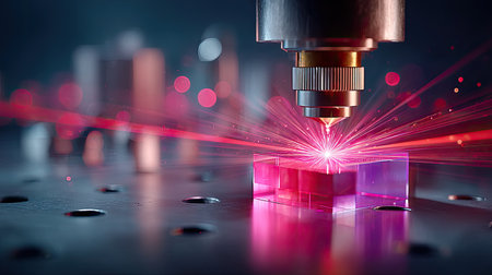 Laser Guidance - Thin crimson laser beam arrows diverging upward in a high-tech control room, glowing intensely against dark metallic surfacesの素材