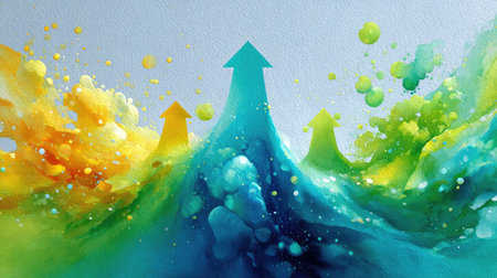 Watercolor Decisions - Fluid watercolor arrows in bleeding blues and greens diverging upward on textured art paper, with pigment swirls in their wakeの素材