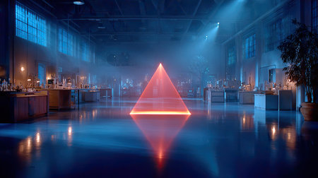 Laser Guidance - Thin crimson laser beam arrows diverging upward in a high-tech control room, glowing intensely against dark metallic surfacesの素材