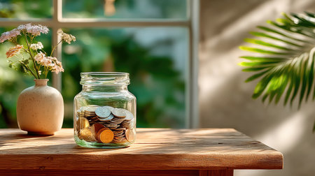 A glass jar filled with mixed coins and banknotes placed on a wooden table near a bright window, natural morning light casting gentle shadowsの素材