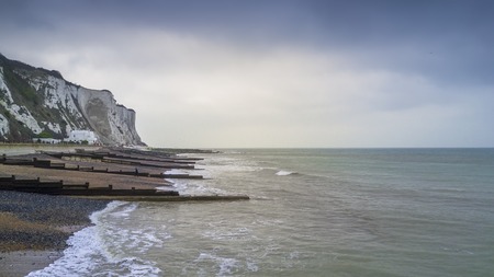 Aerial view of sea in Dover with the White Cliffs in the backgroundの写真素材