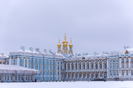Fragment of the facade of the Catherine Palace with the domes of the Resurrection Church on a dull Janyary day. Pushkin, Tsarskoye Selo, St. Petersburgのeditorial素材