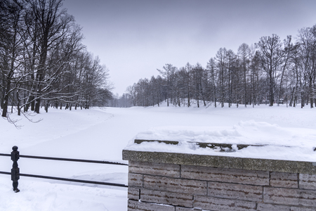 Pond covered in snow on a winter morning in Catherines Park, Pushkinの写真素材