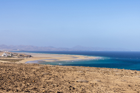 Beautiful tropical sea view with sand beach. Tropical landscape. Ocean, sky, sea. Travel concept. Fuerteventura, Canary Islands, Spainの写真素材