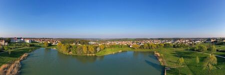 Panoramic aerial view of Lake Magny-le-Hongreの写真素材