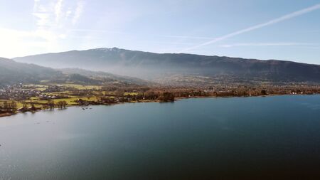 Panoramic aerial view of Chateau de Duingt on Annecy lake, Franceの写真素材