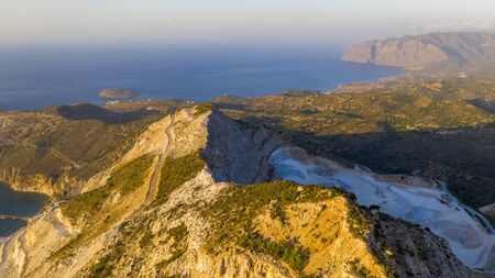 Aerial view of a gypsum quarry mine on the coast of Crete, Greeceの写真素材