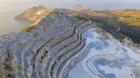 Aerial view of a gypsum quarry mine on the coast of Crete, Greeceの写真素材