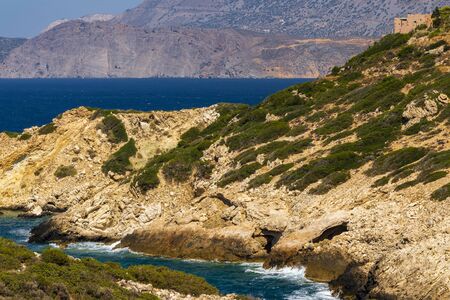 Panoramic view of a sea and islands from the top of the mountain, on the island of Crete, Greece.の写真素材