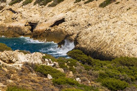 Panoramic view of a sea and islands from the top of the mountain, on the island of Crete, Greece.の写真素材