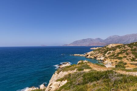 Panoramic view of a sea and islands from the top of the mountain, on the island of Crete, Greece.の写真素材