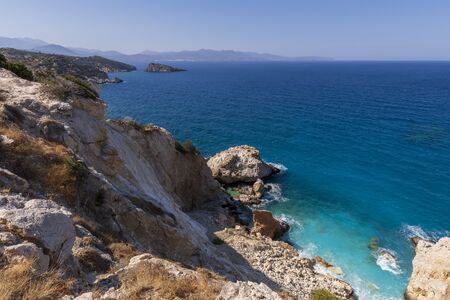 Panoramic view of a sea and islands from the top of the mountain, on the island of Crete, Greece.の写真素材