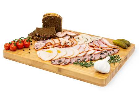 Various meat cold cut platter on a wooden boardの写真素材