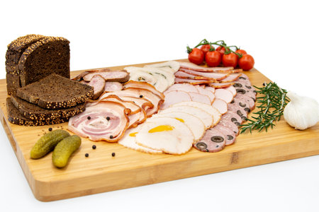Various meat cold cut platter on a wooden boardの写真素材
