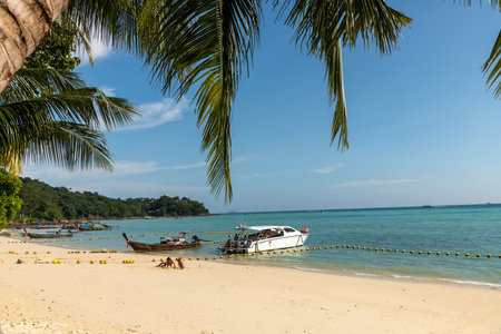 A Phi Phi Island Thailand Beach Scene Featuring Beautiful Boats Amidst Clear Blue Water and Palm Treesの写真素材