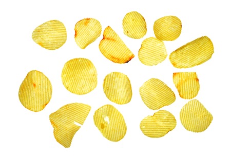 Isolate potato chip, a closeup photo image of potato chip isolate on white background present many kind of shape of potato chipの写真素材